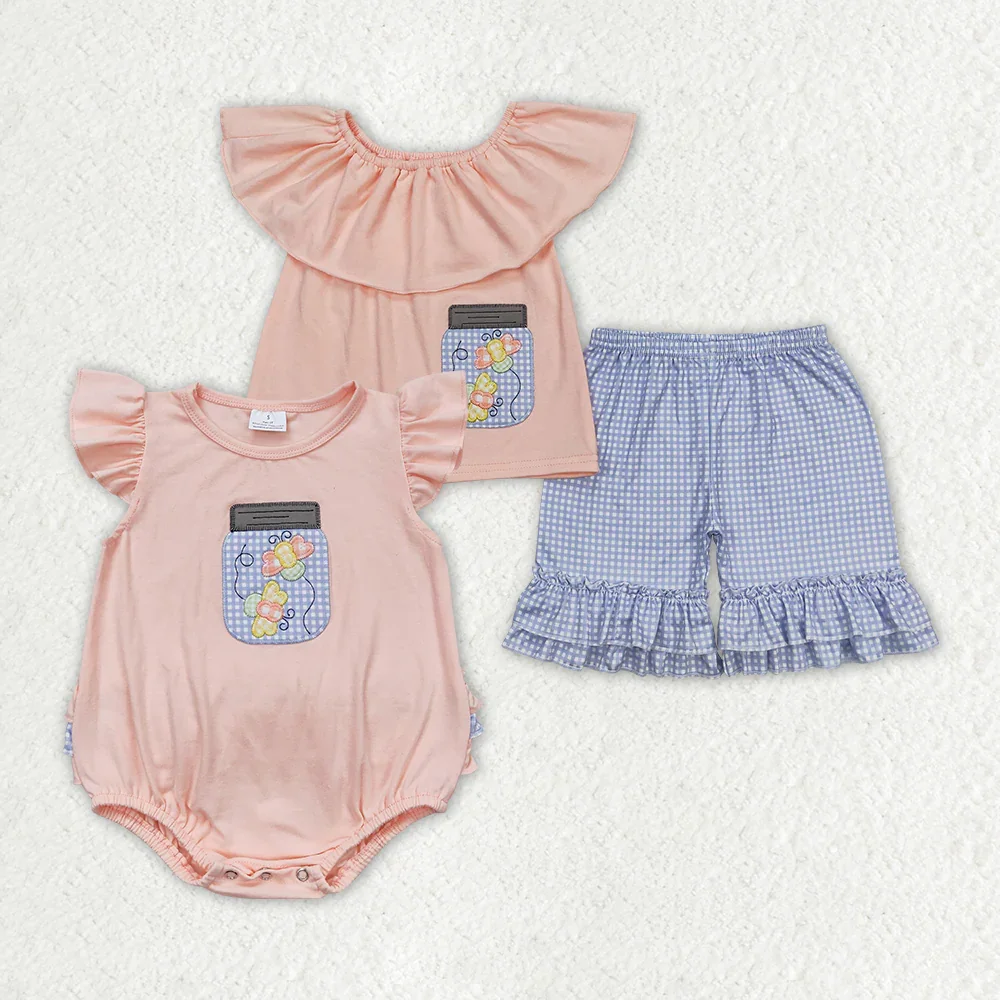 

GSSO0682 Wholesale baby girls clothes Embroidery Bee Lace Top shorts sets Summer toddler kids clothes girl sets baby rompers