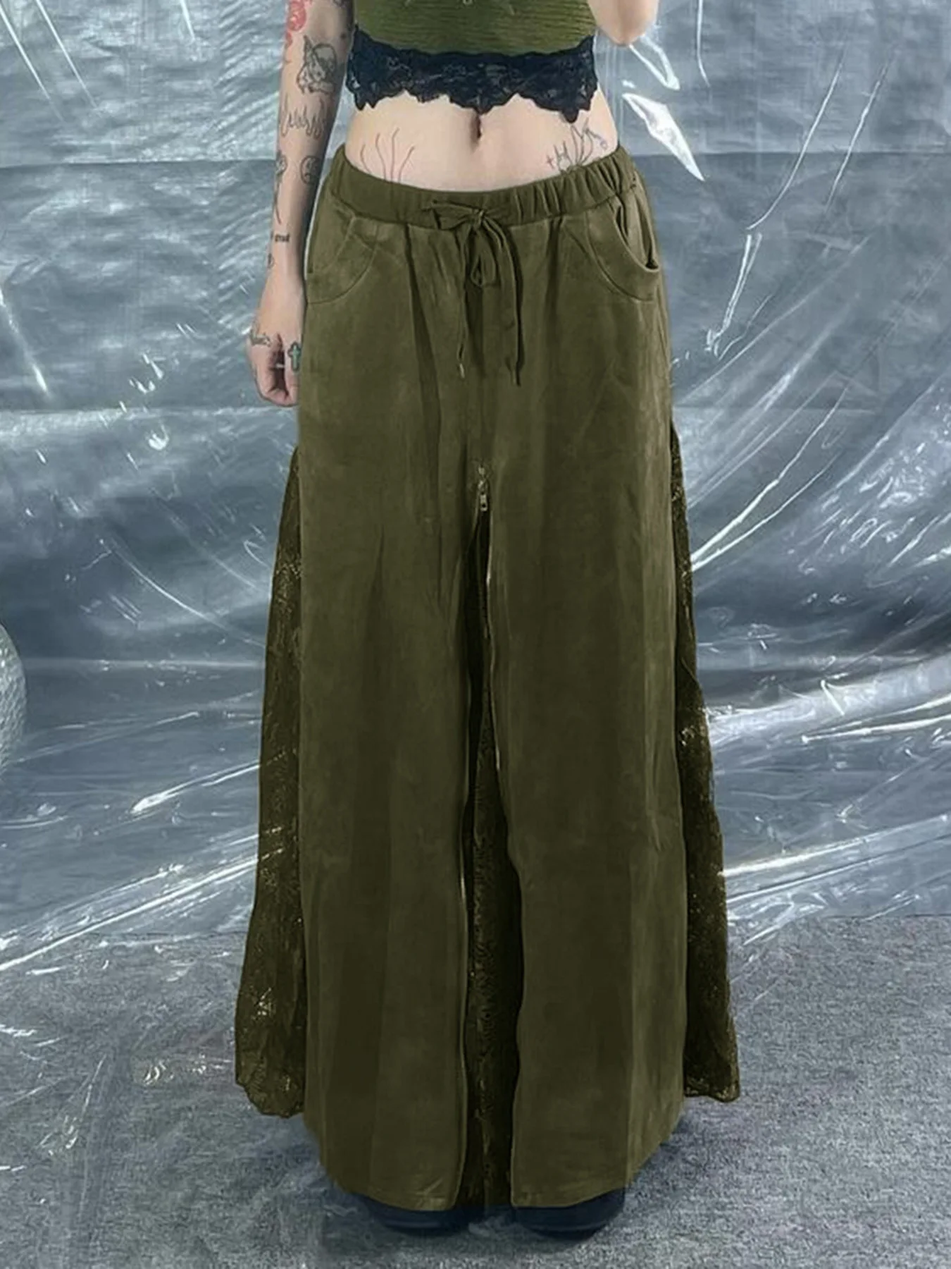 

Goth Dark 90s Vintage Lace Patchwork Hem Zip Long Skirt Y2K Chic Drawstring Pocket A-line Skirts Women Grunge Streetwear