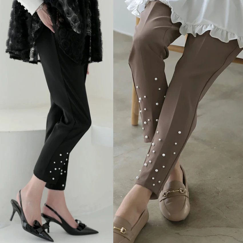 Japanse Sle Pearl Embellied Heavy Du elastische taille negen tenten harempakbroek dames slim fit casual broek