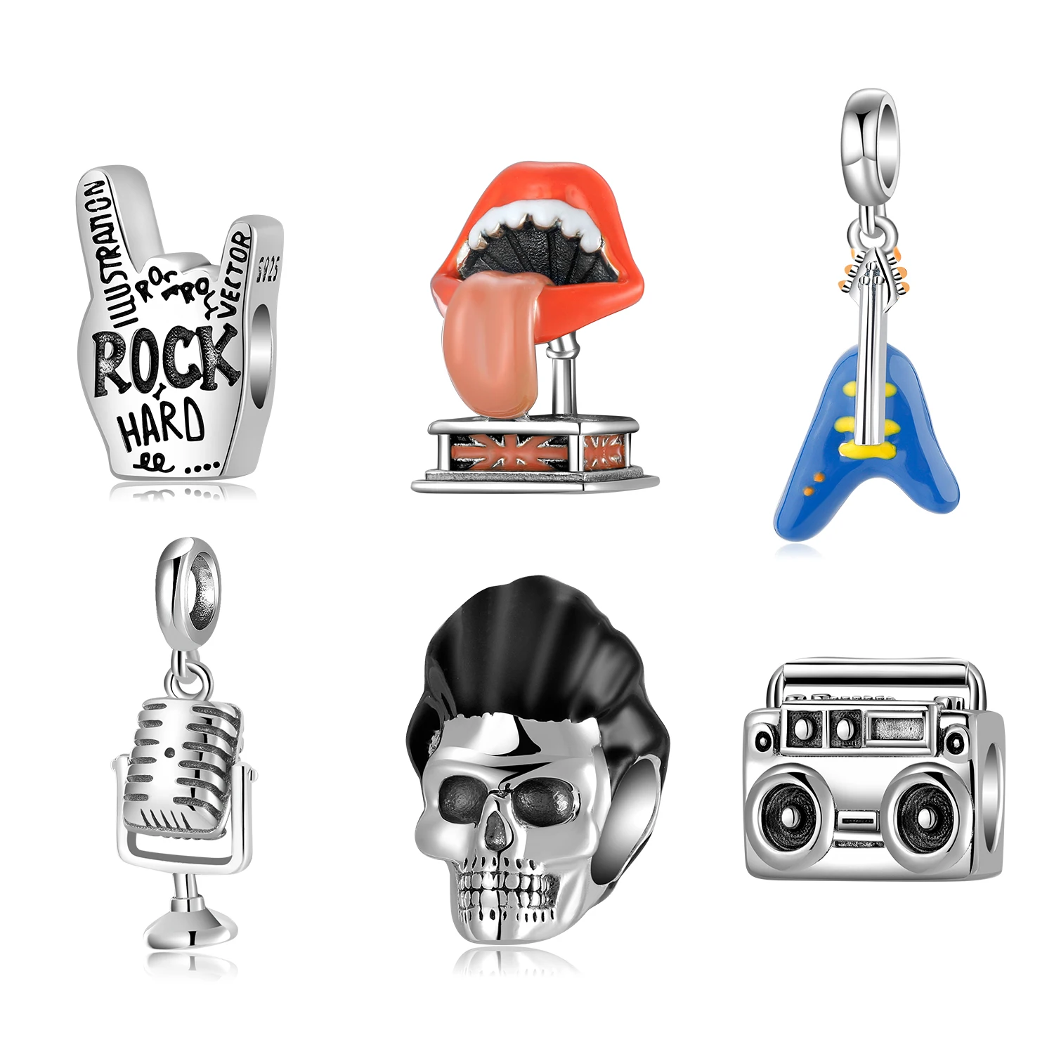 

Rock Style Skull Electric Guitar Beth Microphone 925 Sterling Silver Charms DIY Fit Original European Charms Bracelet Making