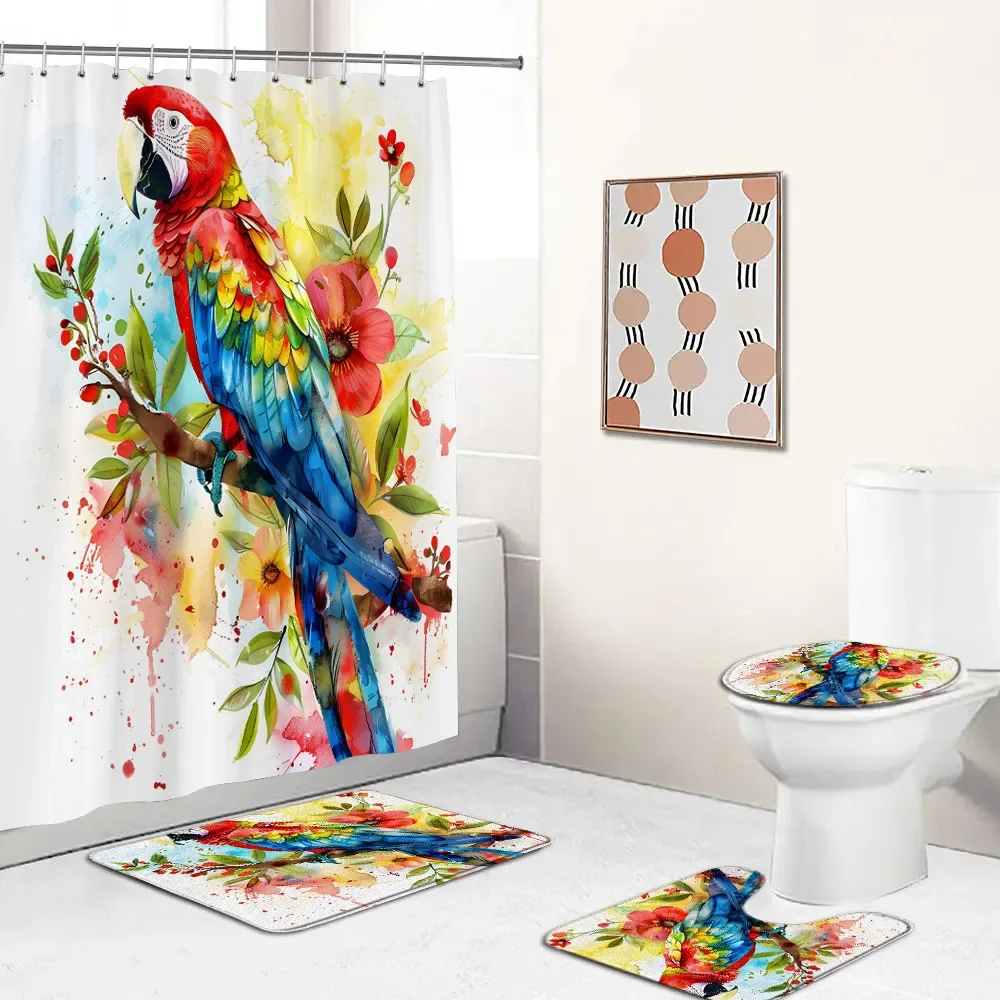 Parrot Shower Curtain Set Tropical Jungle Rainforest Watercolor Bird Palm Leaf Branch Flower Floral Bathroom Decor Bath Curtain