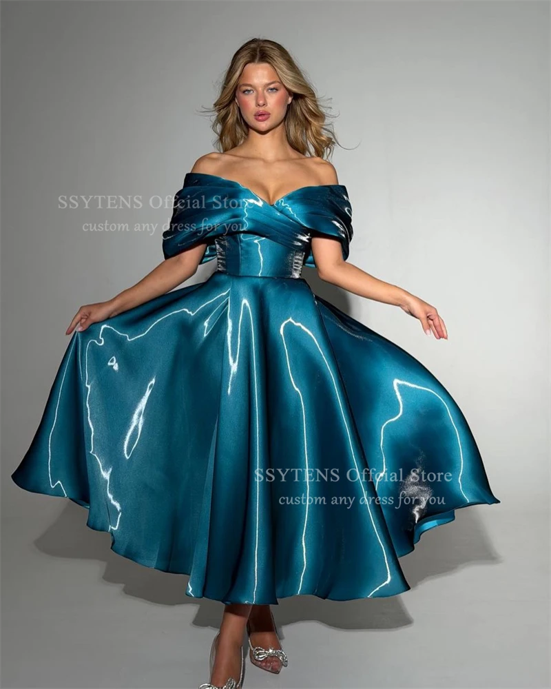 SSYTENS Modern Turquoise Evening Dresses Off The Shoulder A-Line Formal Prom Dresses Shiny Long Homecoming Party Gown Customized - view 2