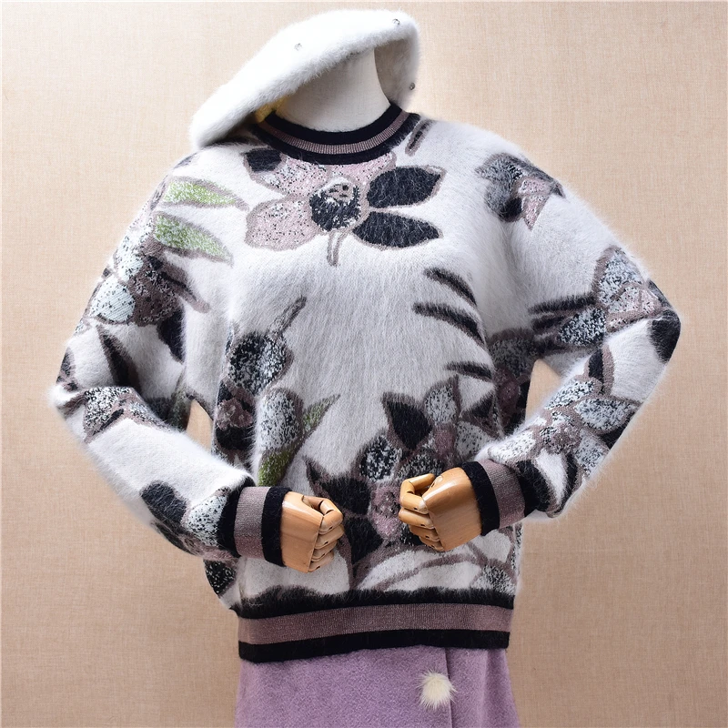 

Women Mujer Fall Winter Clothes Hairy Vintage Flower Hairy Angora Rabbit Hair Knitted O-Neck Long Sleeves Loose Sweater Jumper