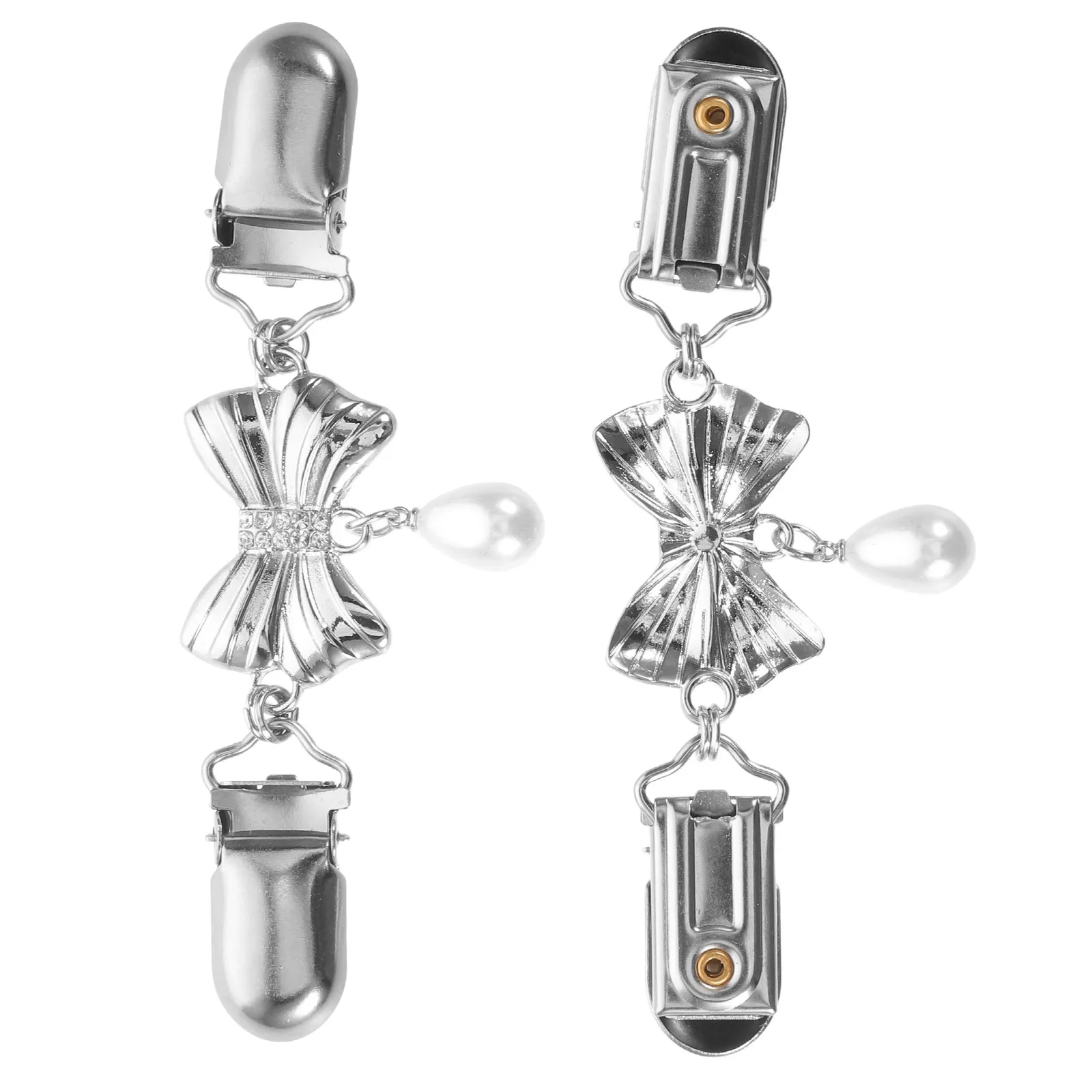 2Pcs Vintage Pearl Rhinestone Cardigan Clip Retro Bow Shawl Clasp Sweater Closure Jewelry Sweater Chain Fasteners
