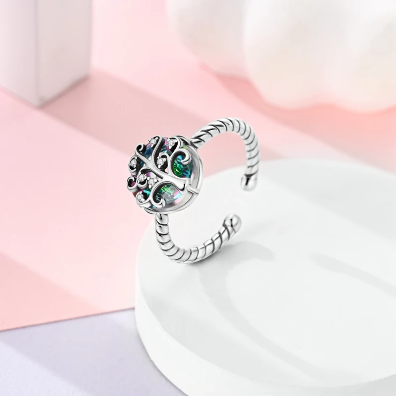 Precioso anillo de Plata de Ley 925 para mujer, sortija de árbol de la vida familiar colorida, sin tamaño, anillo abierto, accesorios de joyería para juego en el bosque