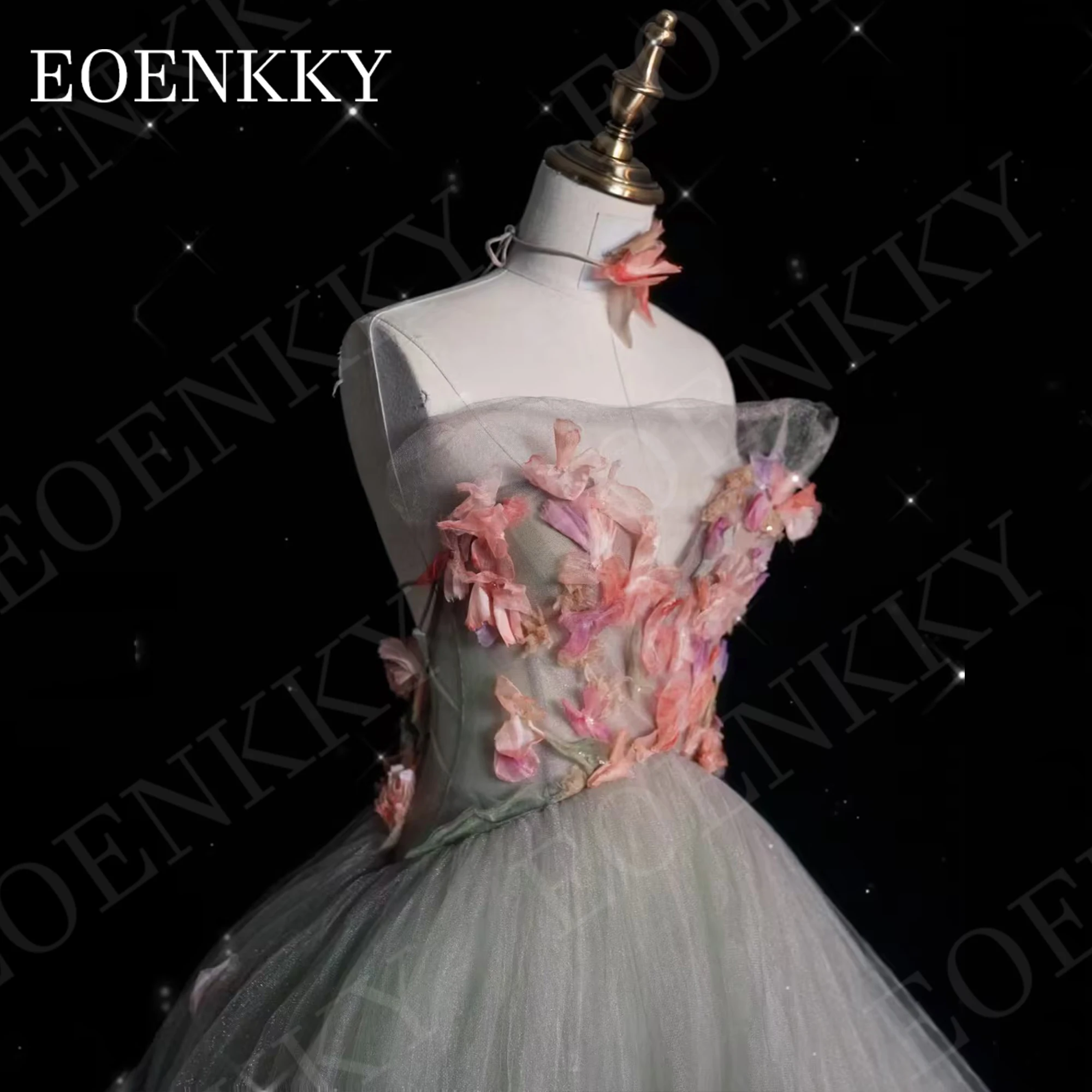 EOENKKY Graceful Prom Dresses Floor Length Evening Gown Backless Tulle Strapless 3D Flowers Bespoke Occasion Dress A Line V Neck