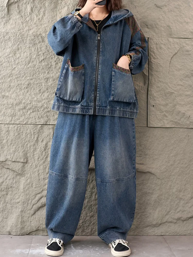 Amax LuluE 2025, Koreaanse Damesmode Big Size Klassieke Denim Pakken Damesmode Capuchon Tops Vintage Jeans Losse Twee Stukken Sets