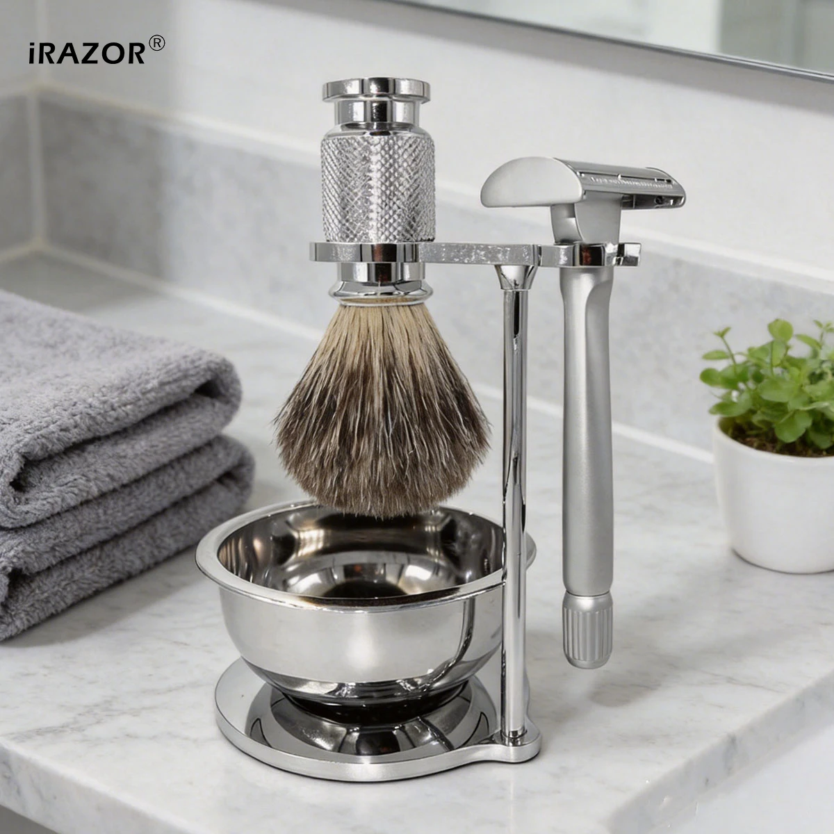 iRAZOR Butterfly Open Double Edge Safety Razor Kit with 10 Replacement Blades Soft Shaving Brush Wet Shaving Grooming Gift Set