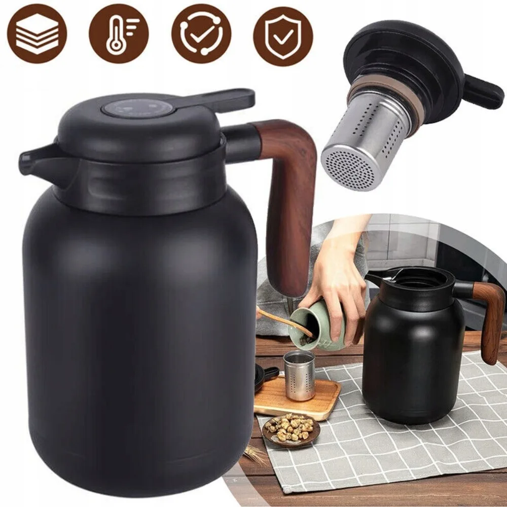 Caraffa termica in acciaio inossidabile da 1,5 litri, con coperchio e filtro, per mantenere calde le bevande, ideale per caffè, tè e altre bevande calde.