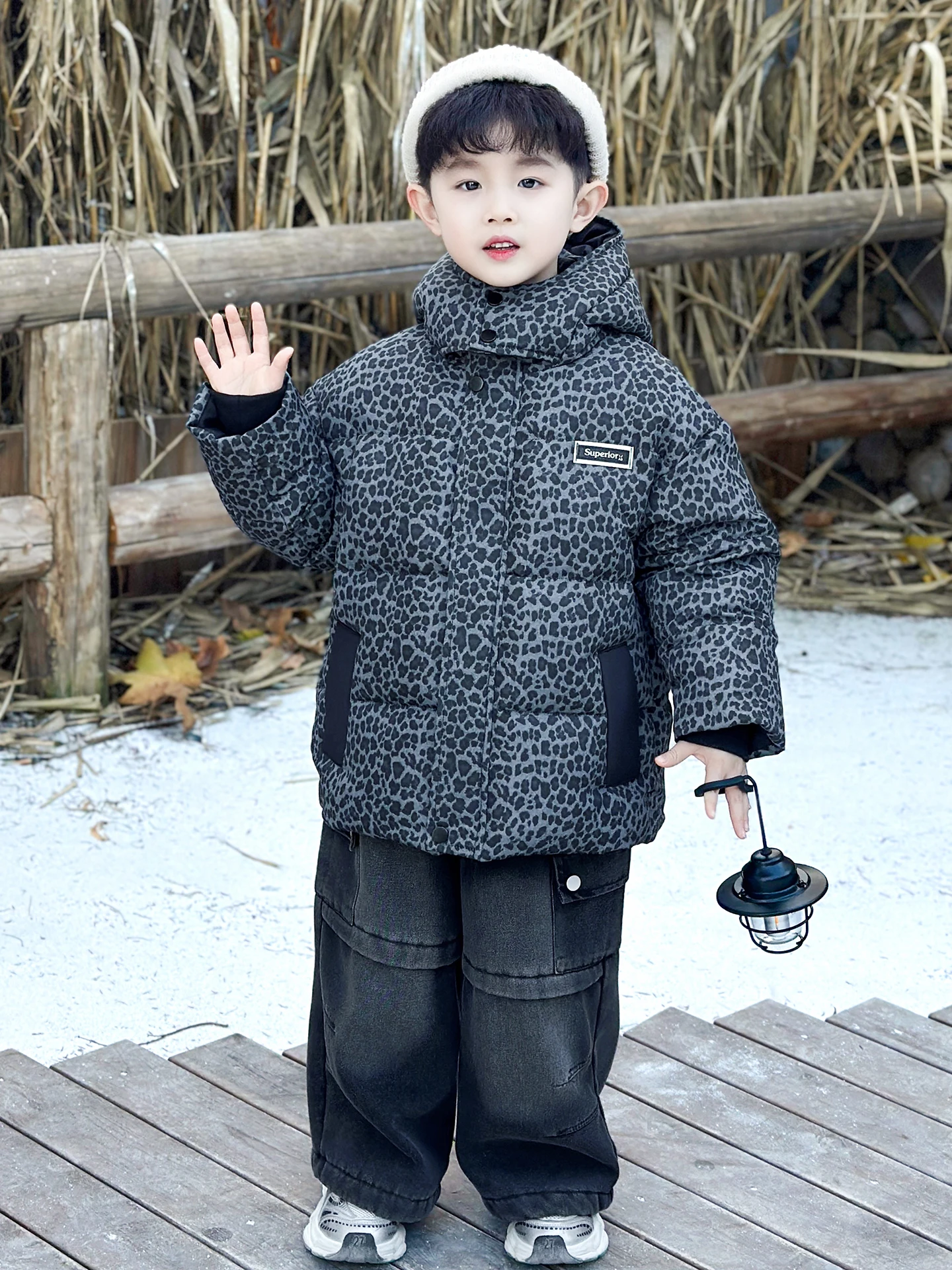 

Thiened Leopard Print down Cotton Jaet for Boys Winter Clothes Youth Faionable Baby Clothes Warm Long Sve Zipper Clo...