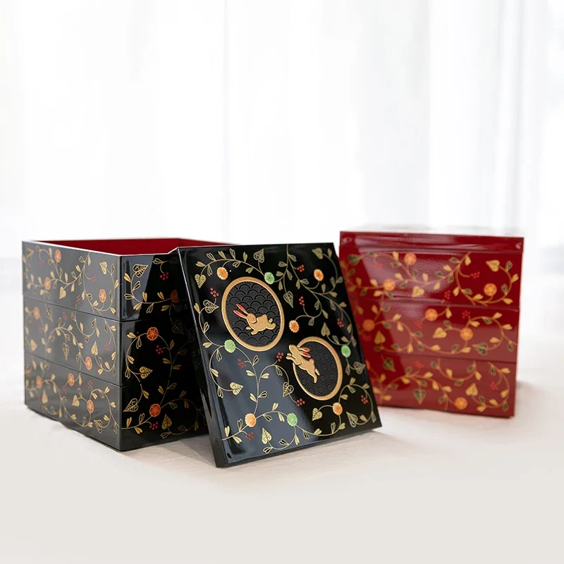 Vintage Lacquerware 3 Tier Storage Box with Sakura Rabbit Print, Multi-purpose Organizer for Jewellery, Trinkets & Snacks, Gift