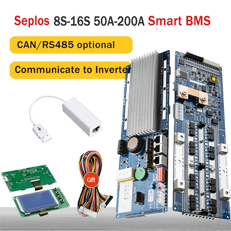 Seplos New Smart BMS Support Board Bluetooth Li-ion LiFePo4 CAN RS485 Communicate to Inverter 48V 13S 14S 15 16S 100A 150A 200A