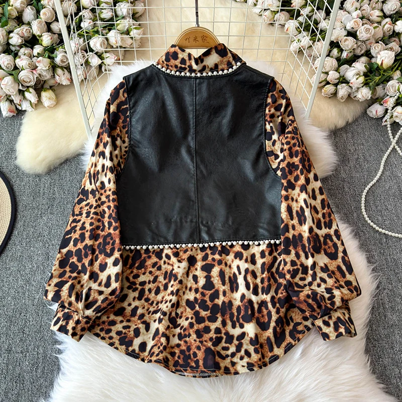 EWQ Fashion 2 Piece Shirt For Women Leopard Print Lapel Collar Long Sleeve Shirt＋Single Button Vest 2024 Autumn New 27X1213