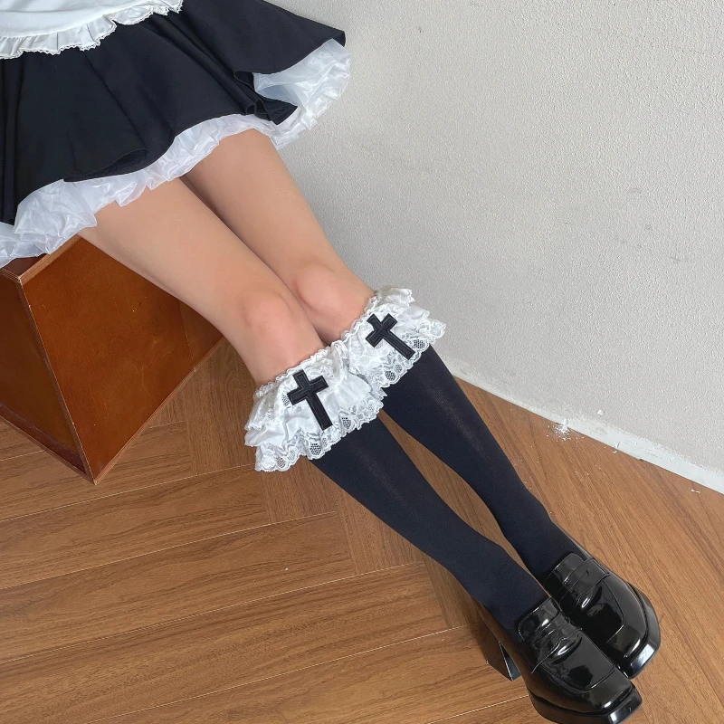 Sweet Girls Princess Style Over The Knee Or Calf Socks Decorated With Cross Ornament Three Layers Lace Trim Soft Elastic Hosiery