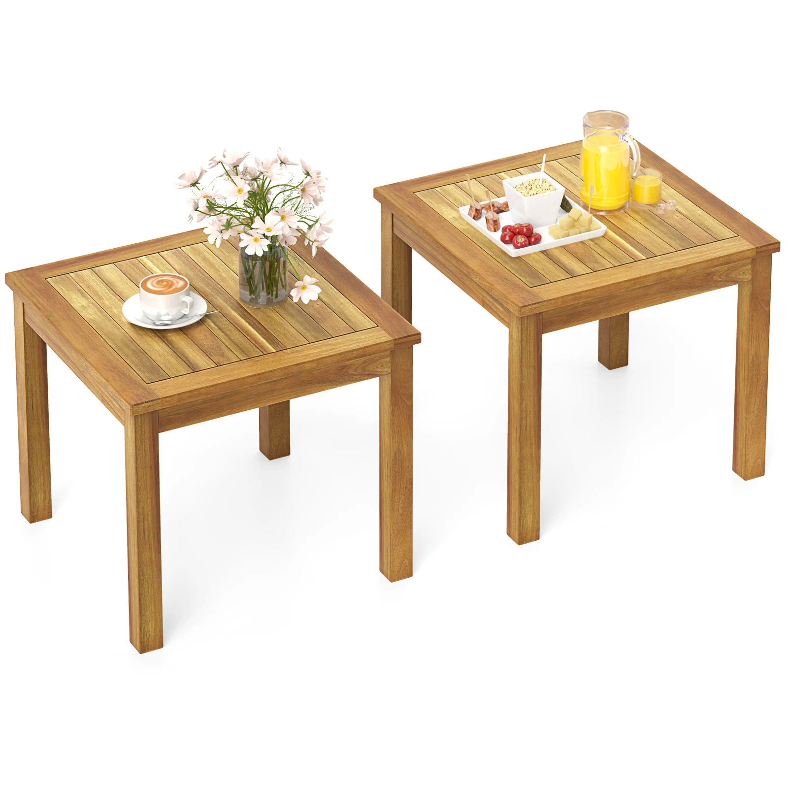 

2PCS Outdoor Square Teak Wood End Table Coffee Table for Porch Deck Garden Patio