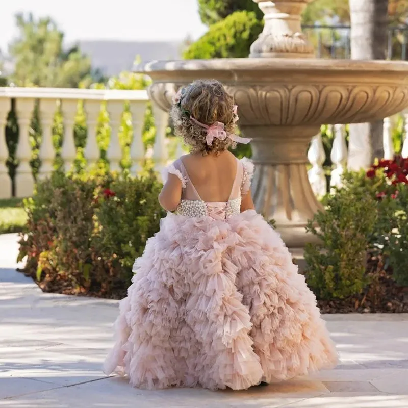 Robe en dentelle à fleurs pour filles, manches longues, petite princesse, robe de soirée de mariage, en Tulle, avec des appliques en dentelle, robes de première Communion pour filles