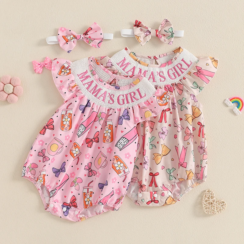 Princess Newborn Baby Girl 2Pcs Summer Rompers Sleeveless Embroidery Cartoon/Bow Print Smocked Jumpsuits Headband Infant Clothes