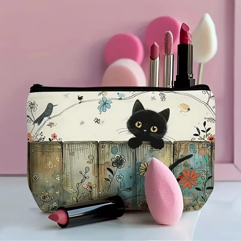 Black Cat Floral Zipper Pouch - Durable, Fade-Resistant Cosmetic Bag, Gift for Sisters, Friends, Cat Lovers | Vibrant Design image 2