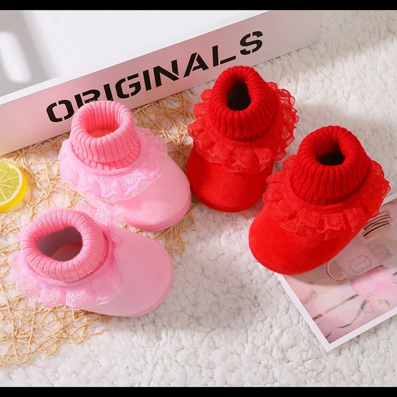 Baby Socks Shoes Newborn Baby Girl Soft Shoes Soled Lace Solid Print Weave Baby Rubber Sole