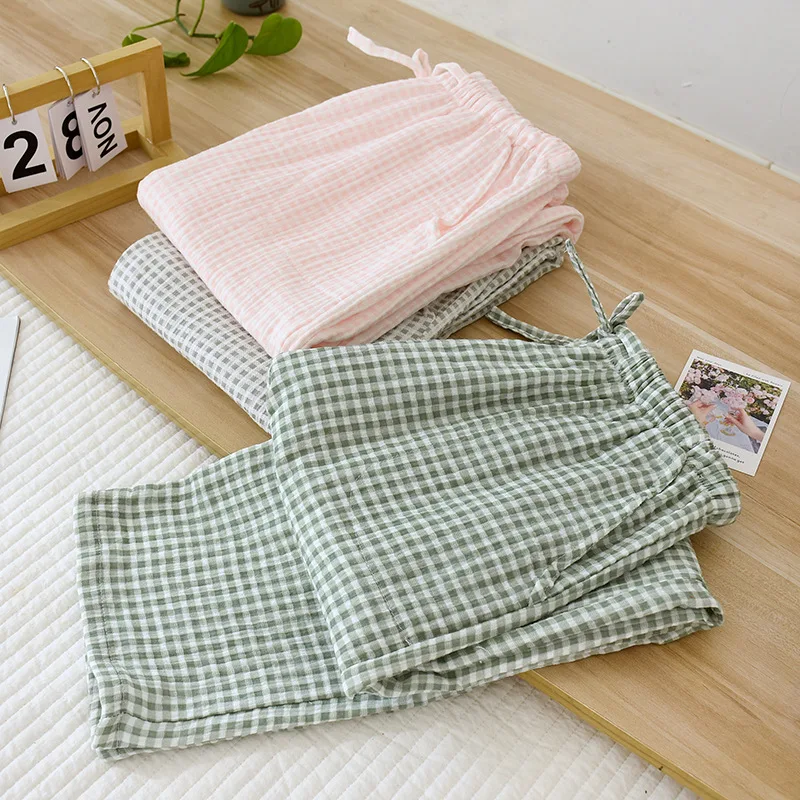 New Spring Summer Japanese Women\'s Pajamas 100%Cotton Crepe Small Plaid Loose Girls\' Pants Household Pants Thin Size Large pants