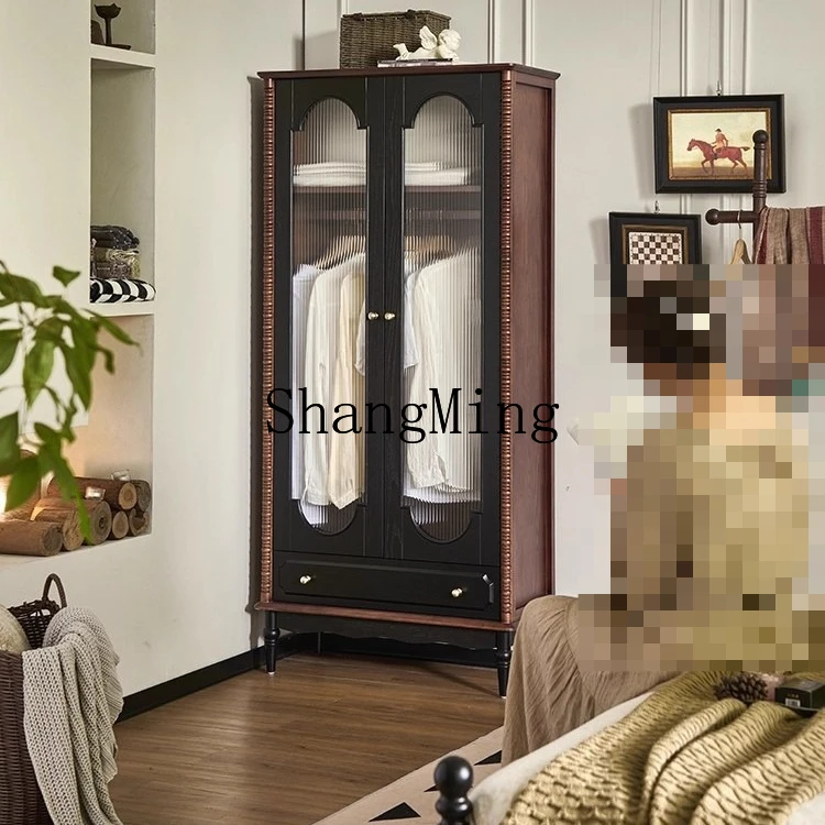 

FG solid wood wardrobe, household small apartment against the wall storage two-door wardrobe bedroom retro locker