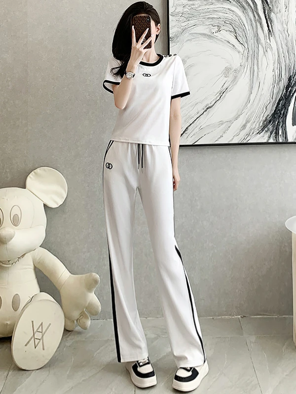 

White Casual Sportswear Set Women's Summer Fashion Anti-Aging Slimming Short Sleeve T-Shirt Wide Leg Pants Two-Piece Set