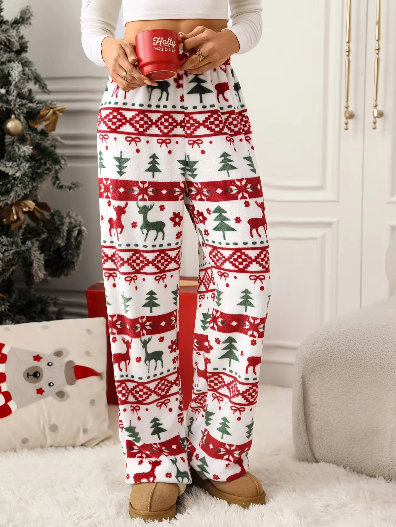 Autumn Winter Christmas Reindeer & Christmas Tree Print Women‘s Pajama Trousers Casual Flannel Pajama Pants Couples Long Pants