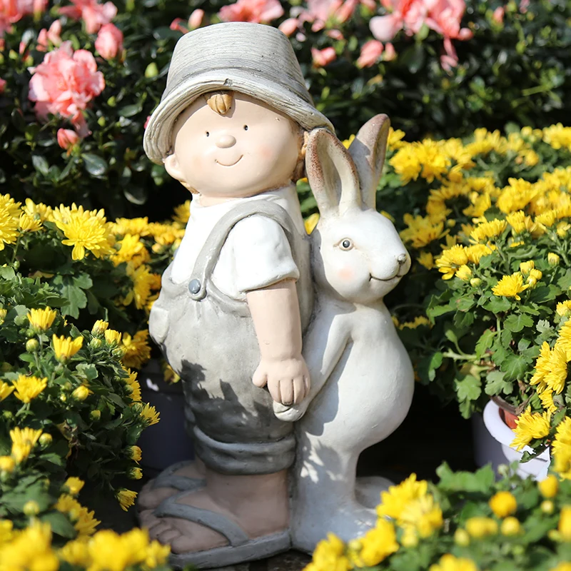 

Outdoor Home Resin Cute Boy Simulation Rabbit Sculpture Accessories Crafts Courtyard Park Garden Animal Figurines Decoration Art