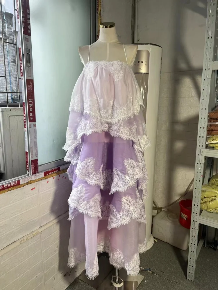 Vestido maxi sem mangas com apliques de renda de alta qualidade com camadas em camadas para mulheres vestido longo de férias