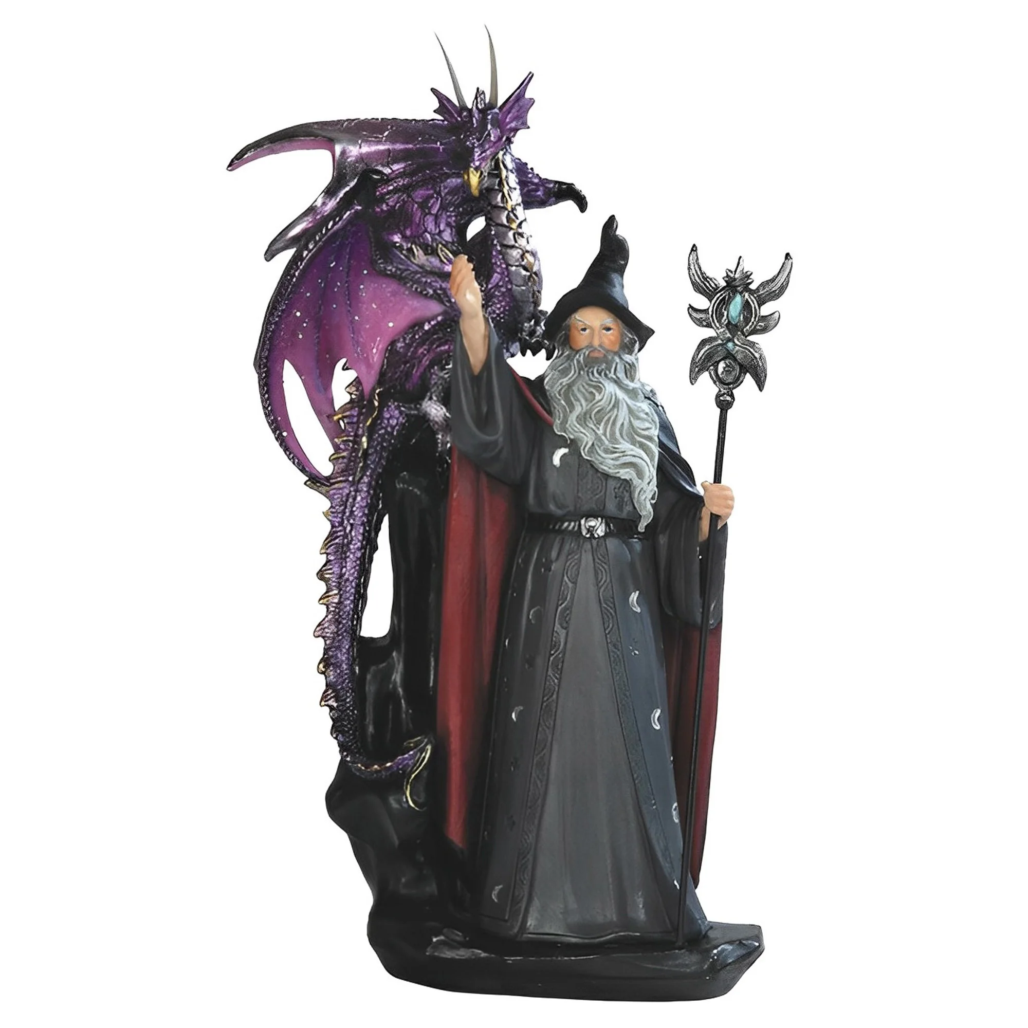 Figura de mago de 11 pulgadas con temática de fantasía, dragón morado y varita mágica – Escultura de resina hecha a mano para escritorio, estante o exhibición | Decoración Elegante para el Hogar y la Oficina | Regalo pensado para días festivos, cumpleaños, inauguración de casa | Pieza de Arte Coleccionable