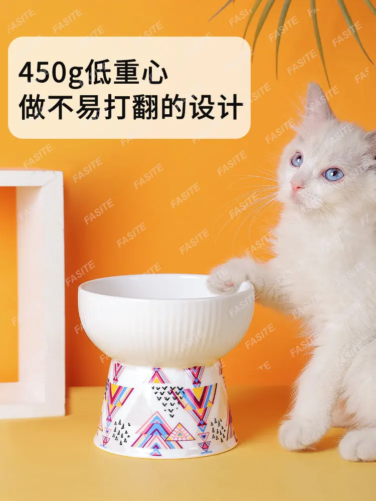 Cat Bowl ceramic anti-knock-over-high double bowl food bowl dog bowl cat drinking bowl protection