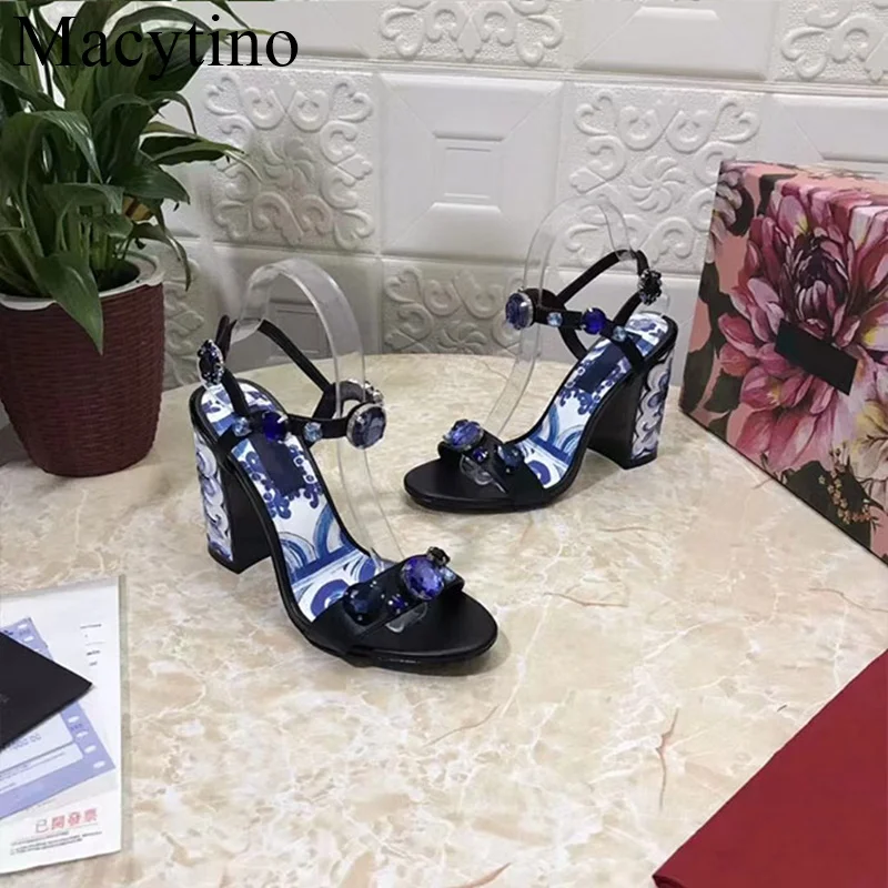 2024 New Brand Women Sandals Summer Shoes Blue And White Porcelain Print Sandals Rhinestones  Pumps Red Black Green