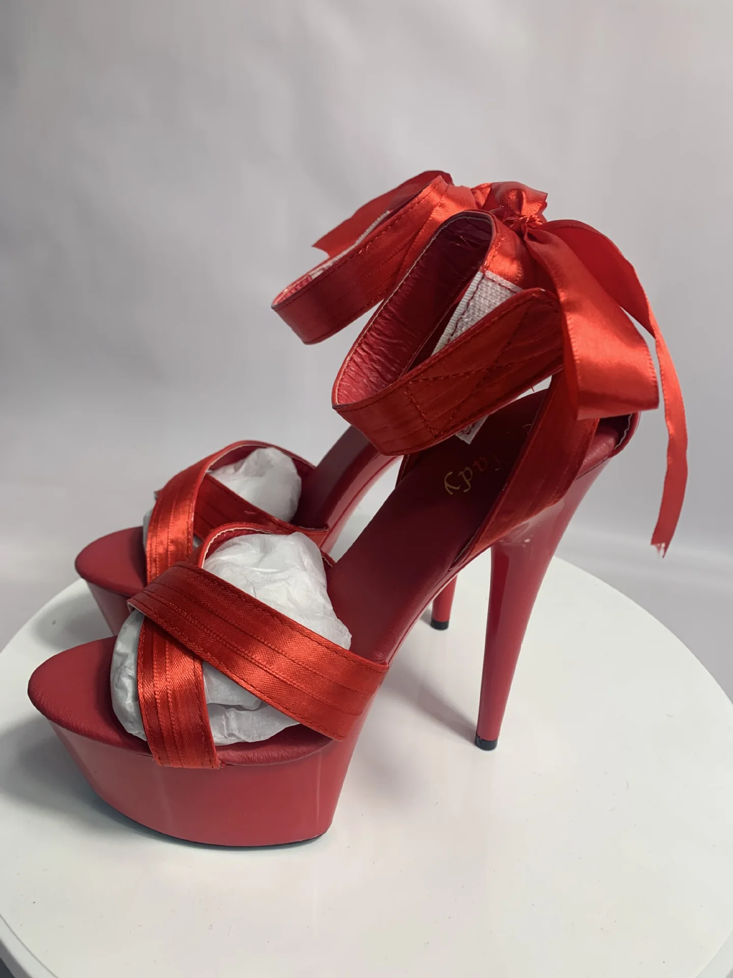 

Scarlet Ribbon Heels 15cm - Luxury Satin Strappy Sandals w/ Detachable Bow & Platform Red Party Shoes