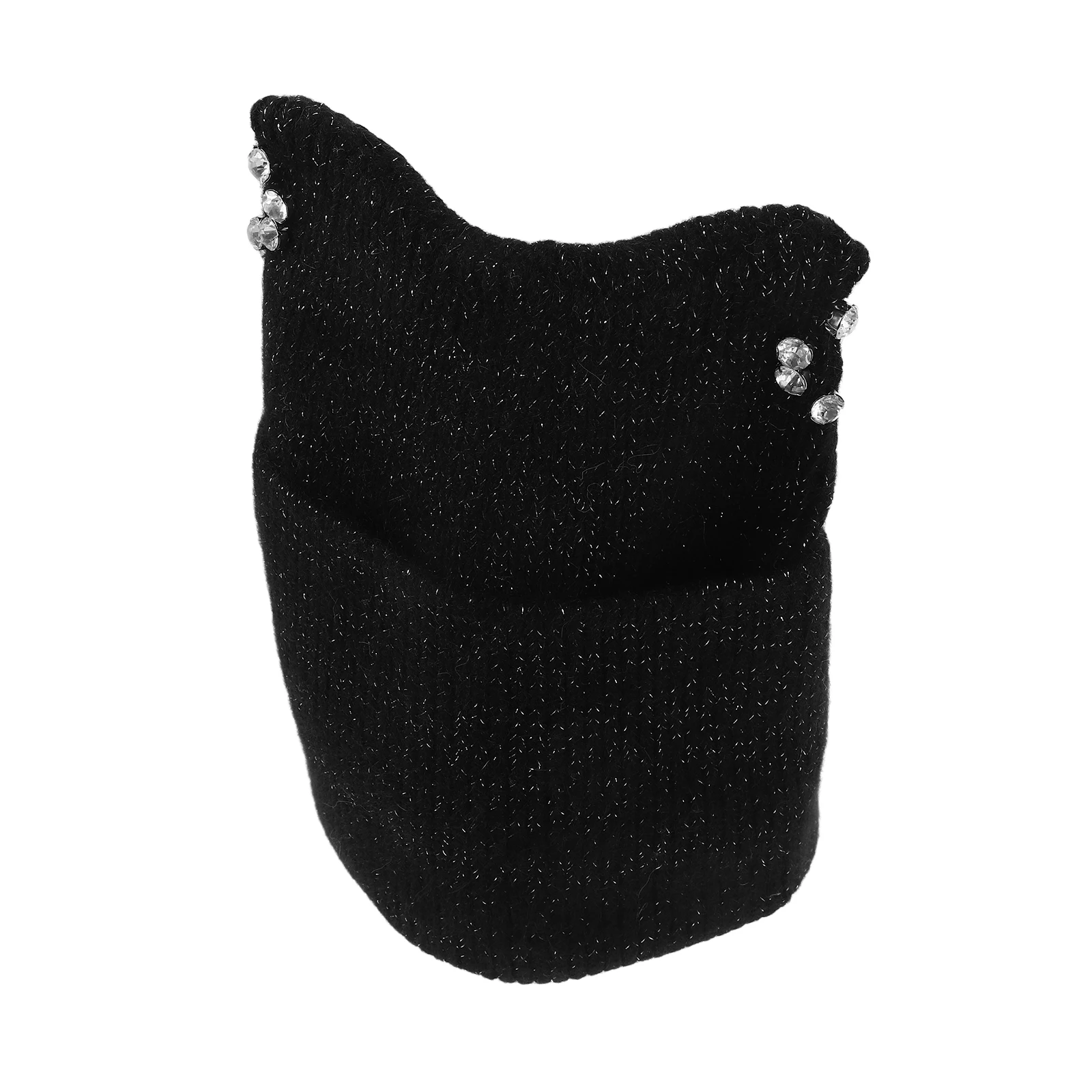 

Black Monster Ears Rhinestone Knitted Hat Cute Warm Beanie Cap Autumn Winter Wool Blend Soft Travel Female Accessory