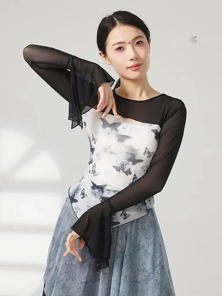 Bedrucktes, ausgestelltes, langärmliges, schmales Mesh-Top für Damen, modernes Tanzkostüm, Jazz, zeitgenössisches lyrisches Bühnen-Performance-Shirt