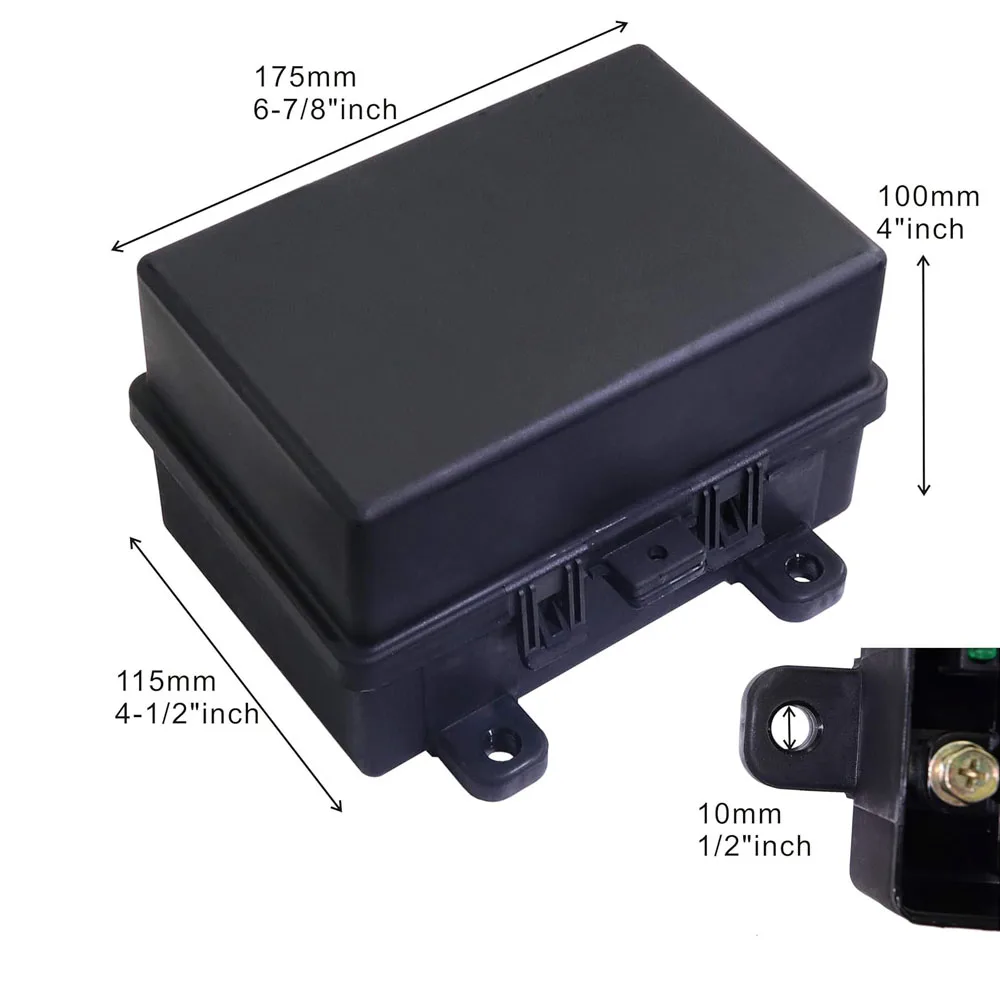 Waterproof fuse relay box with 7 relays, 9 blade fuses (3 spares) and 4 quadratic fuses, 1 100A chip fuse, fuse relay holder