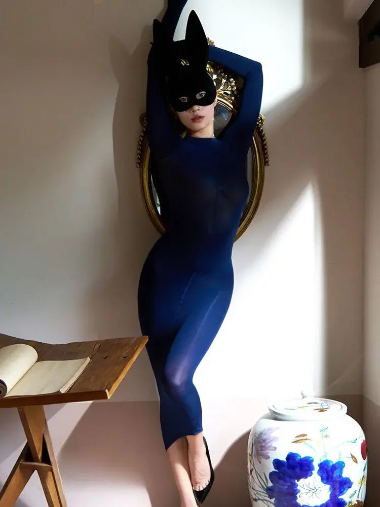 120D مات النايلون بوديستوكينج كم طويل ميدي فستان ضيق حزمة الورك Bodycon فساتين الساخن مثير شفافة فيستدو الجسم الملابس الداخلية