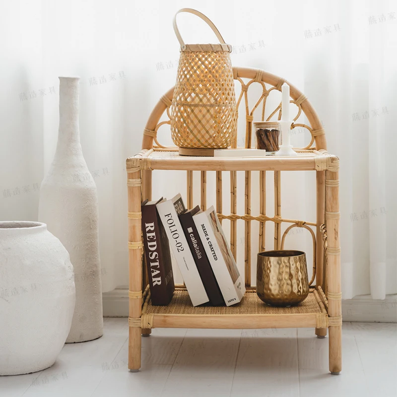 

Japanese Type Rattan Weaving Bedside Cabinet Ins Simple Pure Handmade Side Cabinet Log Color Legend Small Storage Rack