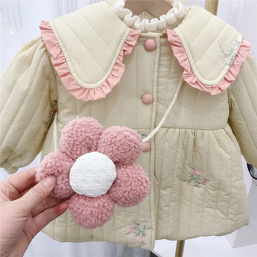 Coat Girl Thickening Cotton Clothes Loose Middle Length Winter New Children Baby Plush Turn Dwon Collar Embroidery 2024