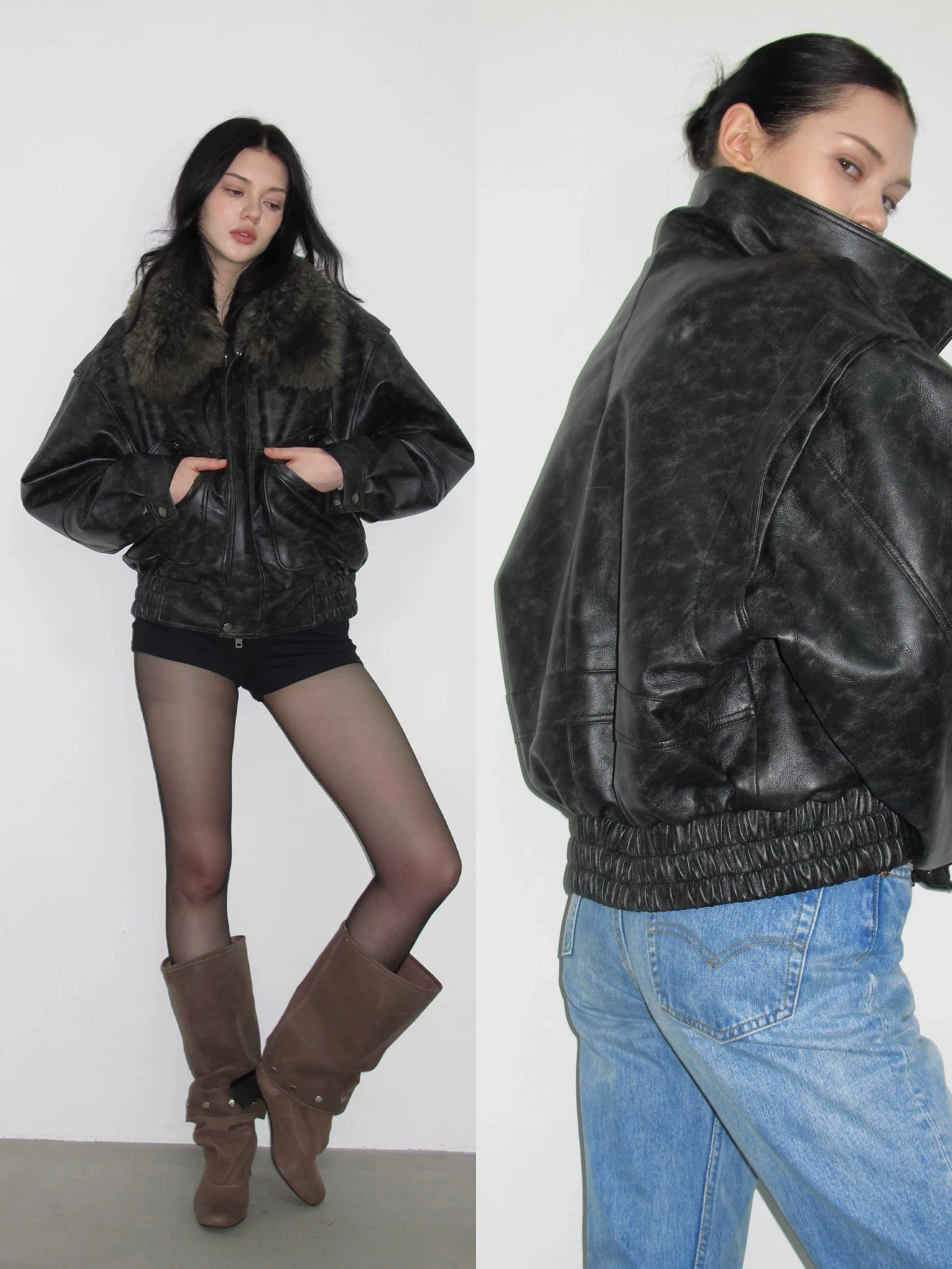 

Fran Autumn and Winter Vintage Black Leather Jacket Coat Winter Fur Collar Short Coat Detachable Fur Collar Design Casual Flight Jacket Coat Special Pattern Pu Leather Material Classic American Jacket