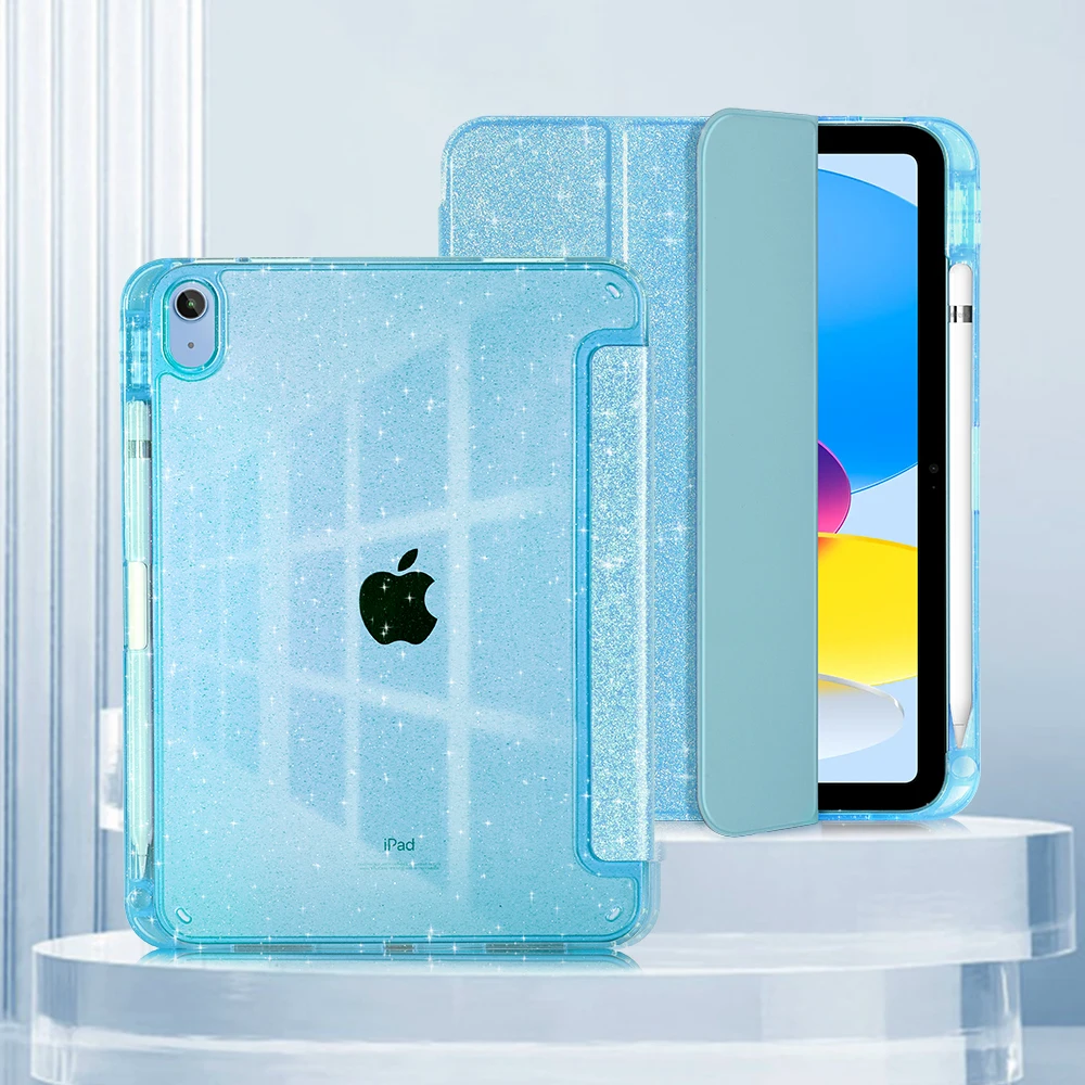 Glittering Sparkly Case for New iPad A16 11th 12th 10th Generation 10.9 11 inch Tri-fold Auto Sleep Smart Stand Protective Cover