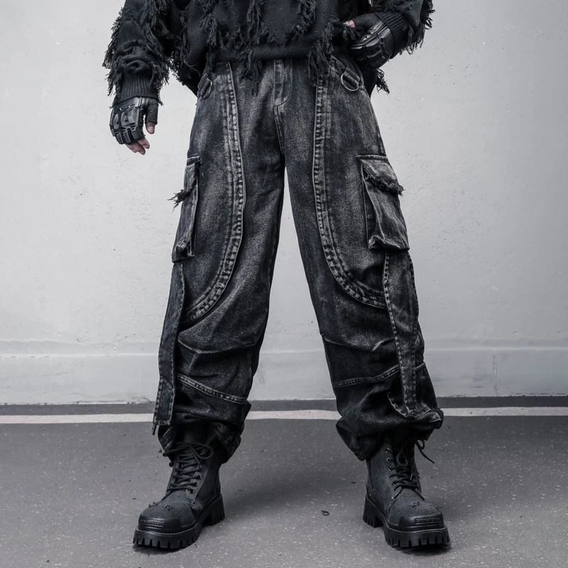 Hksh primavera outono nova tendência masculina pesada desconstruída retalhos resíduos estilo terra multi-bolso lavado retro jeans de perna larga hk13385