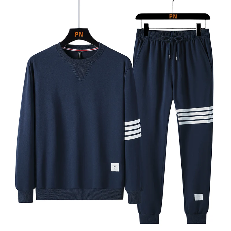 Spring and Autumn Cotton Four-Bar Round Neck Sweater Trousers Suit Youth Student Trend Sports And Leisure Two-piece Suit