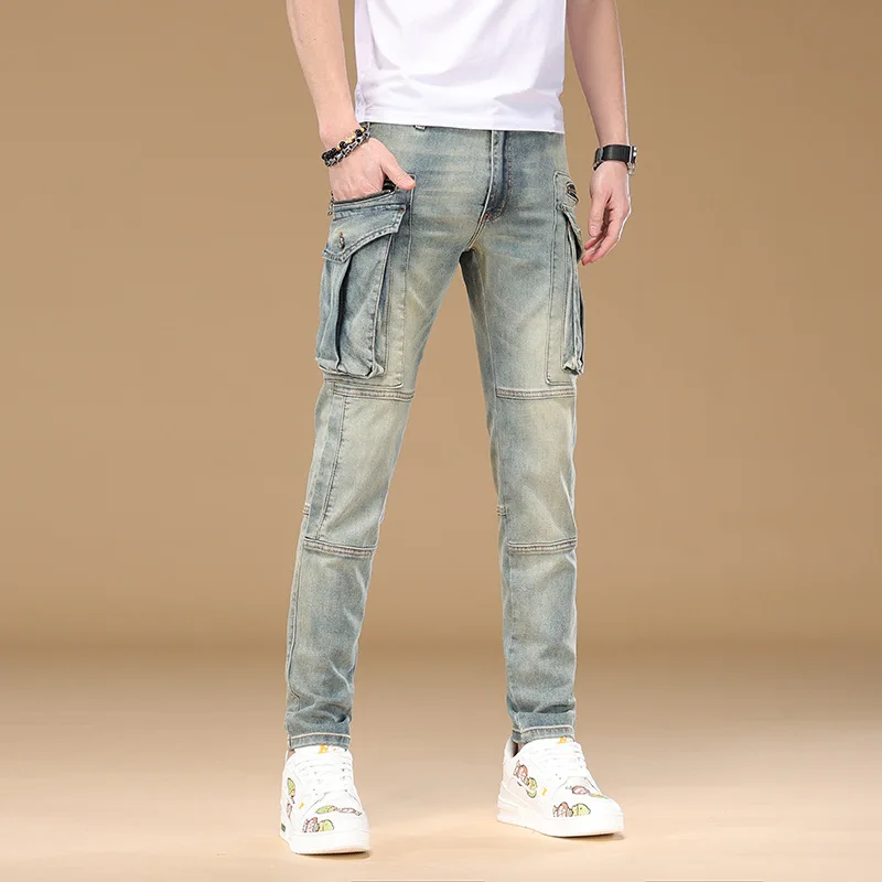 

Retro nostalgic multi pocket 2025 spring/summer jeans for men, slim fit, small feet, high-end trendy motorcycle pants