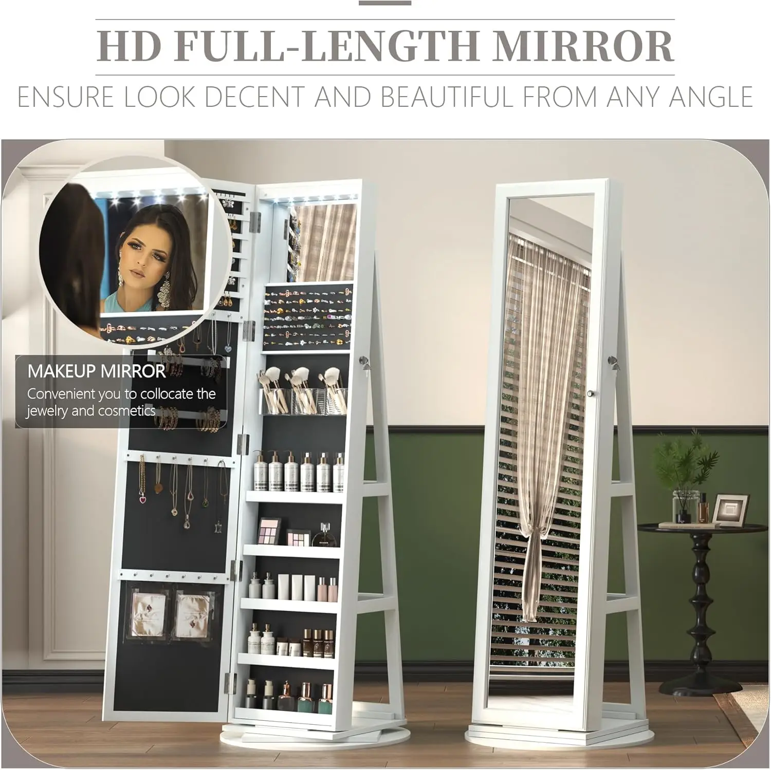 LED Full-Length Mirror Jewelry Armoire for Women, Free Standing Mirror with Jewelry Storage, 360° Swivel Jewelry Cabinet