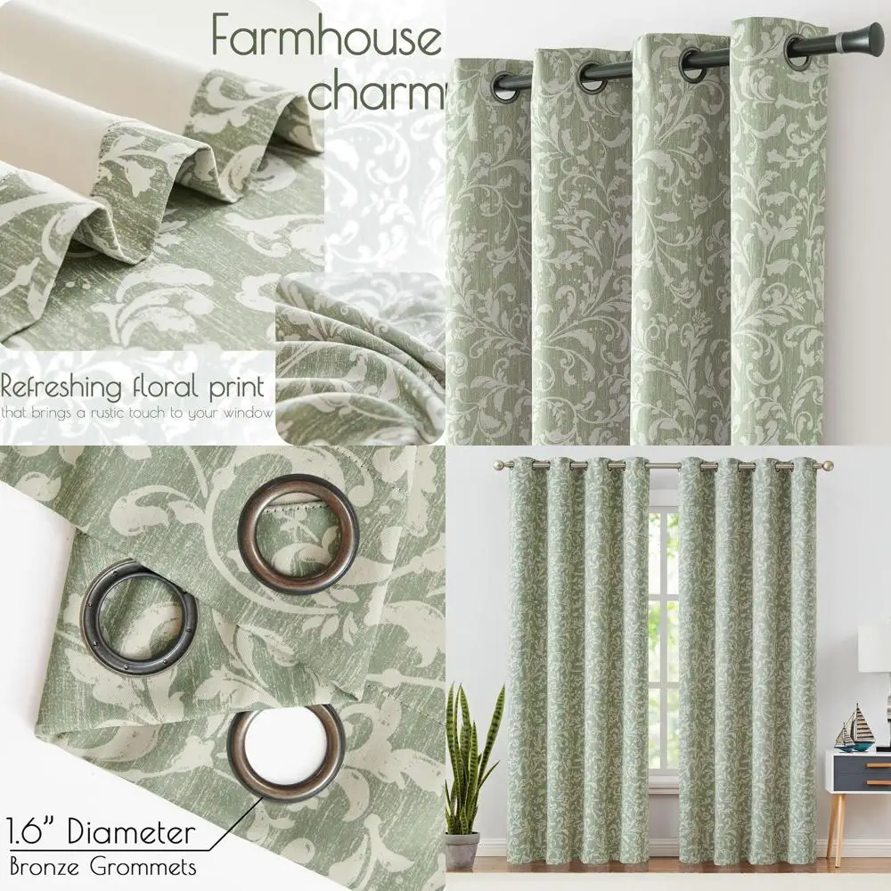 Cortinas florais de rolagem verde, 108 painéis de ilhó longos e isolados para sala de estar e quarto