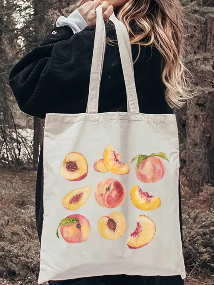 1pcs Kawaii Peaches Pattern Tote Bag Carrier Bag Canvas Shoulder Bag Shopper Bag Perfect For Outdoors Travel Gift