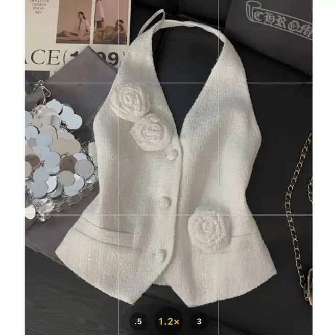 

Women Clothing Crop Top Summer New High-end Advanced Designed Niche Chic Hanging Neck Flower Backless Suspender Vest Top