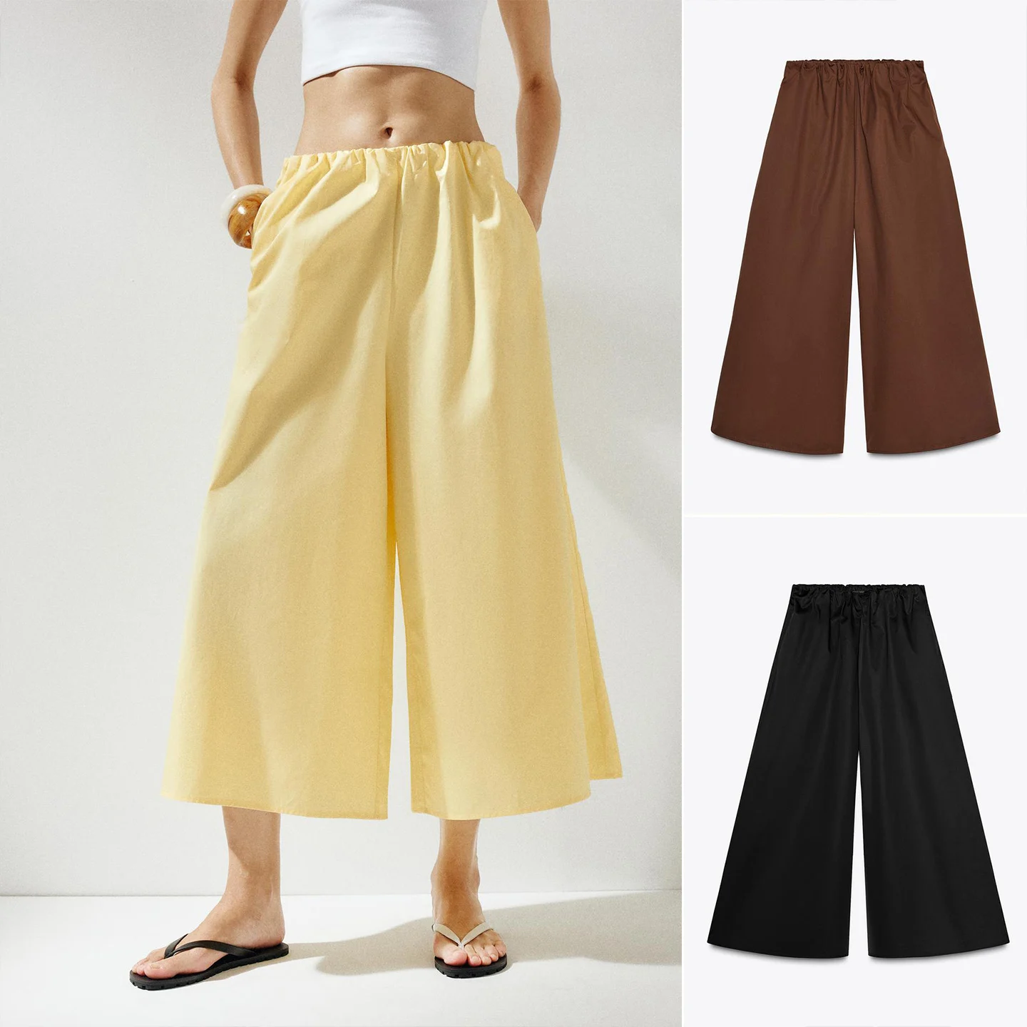 

Летние женские повседневные брюки-палаццо с декоративными карманами, высокой талией, укороченные, из полиэстера (100%)