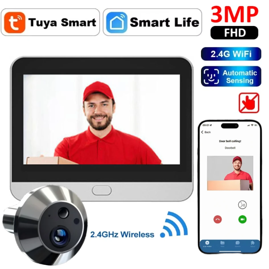 

Дверная камера Tuya с глазком, Wi-Fi, 3 МП, видеоглаз, ночное видение, обнаружение движения, цифровой глазок, мониторинг умного дома для квартиры